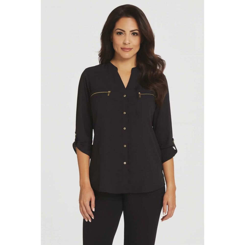 Calvin Klein Shirt Blouse Top Button Up Tab Sleeves Black Woman's Women's Small